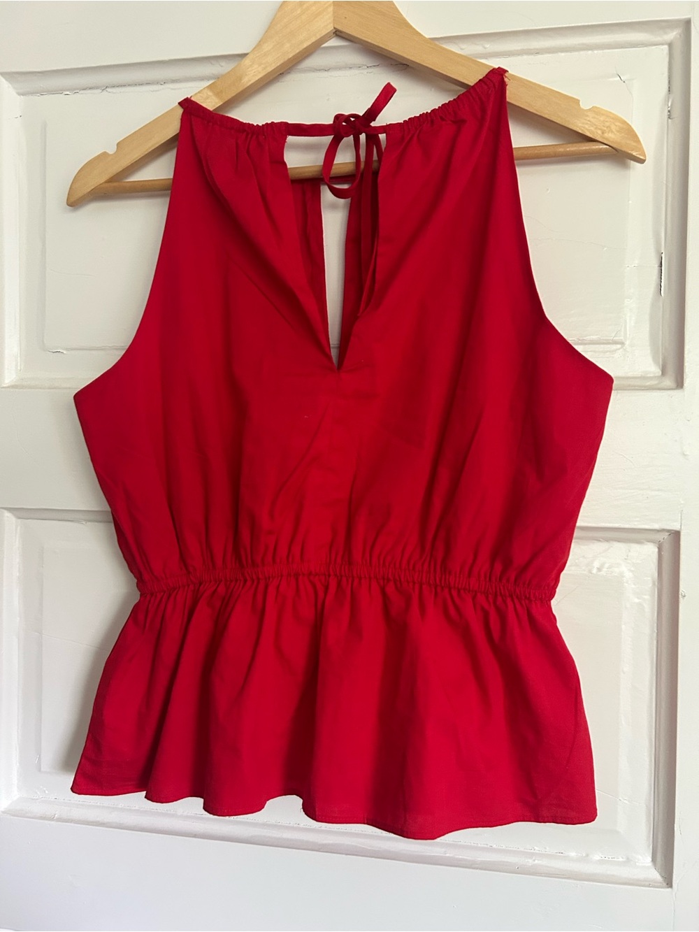 STATE Red Sleeveless Peplum Tie-Back Tank